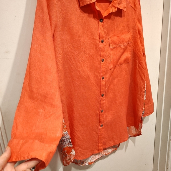 Karyn Seo Coral Linen & Floral Satin Long Sleeve Button Down Shirt Sz S Boho - Picture 4 of 7